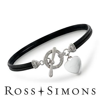 Silver Heart Charm Toggle Bracelet, Diamonds, Black Leather Cord
