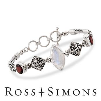 Moonstone and 1.75 ct. t.w. Garnet Bracelet in Sterling Silver. 7.25"