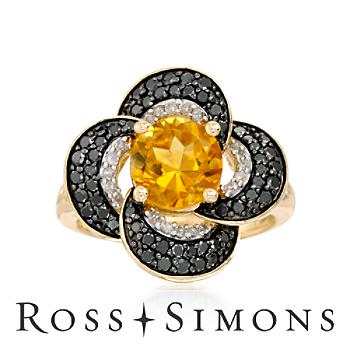 .70ct t.w. Black, White Diamond, 1.60ct Citrine Floral Ring In Gold