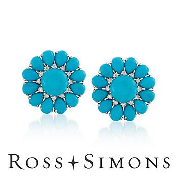 Cabochon Turquoise and .80 ct. t.w. Diamond Flower Earrings In 18kt White Gold. Clip/Post Earrings"