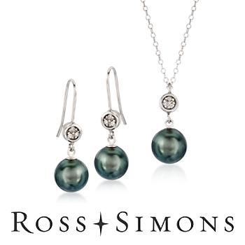 Set of 9-10mm Black Tahitian Pearl Earrings, Pendant Necklace, Diamonds. 18"
