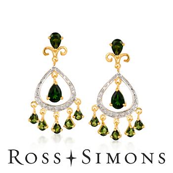 3.65ct t.w. Green Diopside Chandelier Earrings, Diamonds In Vermeil