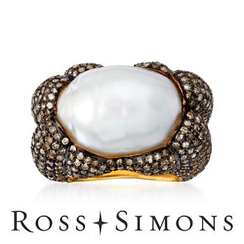 18mm Baroque South Sea Cultured Pearl and 4.20 ct. t.w. Pave Diamond Ring in 18kt Yellow Gold with Black Rhodium. Size 6"