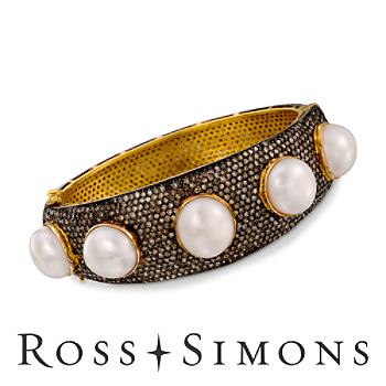 16.80ct t.w. Diamond, 13-14mm Cultured Pearl Bangle Bracelet In Two-Tone. 7