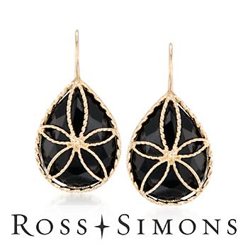Black Onyx Floral Earrings In 14kt Yellow Gold