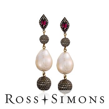 Cultured Baroque Pearl, 4.90ct t.w. Pave Diamond Earrings, Tourmalines