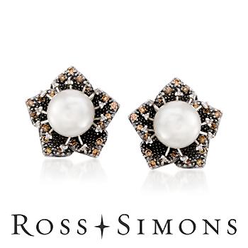 8-9mm Cultured Pearl and Brown Diamond Floral Earrings in Sterling Silver. Clip/Post Earrings"