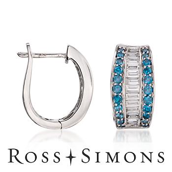 1.45 ct. t.w. Blue and White Diamond Hoop Earrings in 14kt White Gold"