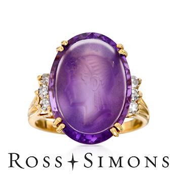 C. 1975 Vintage 12.50ct Amethyst Ring, Intaglio, Diamonds. Size 6.5 vintage amethyst rings