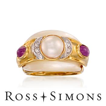 C. 1980 Vintage 8.5mm Cultured Pearl, Agate Ring, Rubies Diamonds. Size 6 vintage pearl jewelry