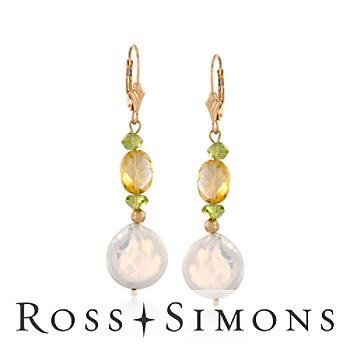 12mm Cultured Pearl Dangle Earrings with 3.40 ct. t.w. Citrine and Peridot in 14kt Yellow Gold"