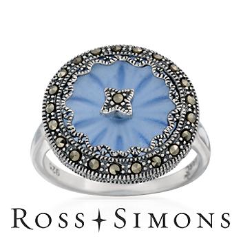 Marcasite and Blue Sunray Crystal Ring In Sterling Silver