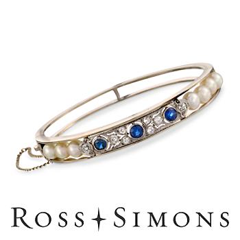 C. 1950 Vintage .50ct t.w. Diamond, 1.00ct t.w. Sapphire Bangle Bracelet, Cultured Pearls. 6