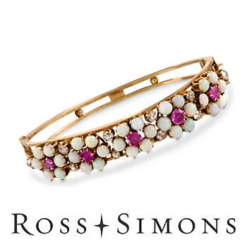C. 1950 Vintage 1.10ct t.w. Diamond, 2.00ct t.w. Ruby Floral Bangle Bracelet, Opals. 6