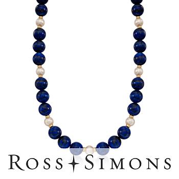 8-8.5mm Cultured Pearl, Lapis Bead Necklace, Gold. 18