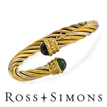 C. 1990 Vintage 7.60ct t.w. Tourmaline, Diamond Bangle Bracelet In 18kt Two-Tone. 6.5"