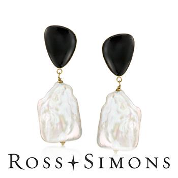 Black Agate and Cultured Baroque Pearl Earrings In 14kt Yellow Gold