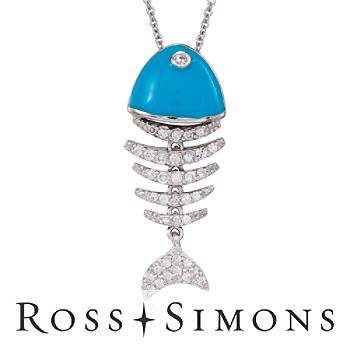.40ct t.w. CZ Fish Skeleton Pendant Necklace, Turquoise. 18"