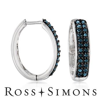 .75 ct. t.w. Blue Diamond Hoop Earrings In Sterling Silver. Hoop Earrings"