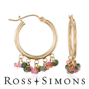 2.50ct t.w. Pink, Green Tourmaline Hoop Earrings In 14kt Yellow Gold