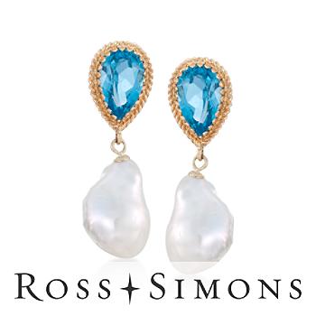 5.50ct t.w. Blue Topaz, 11-12mm Baroque Pearl Earrings In Gold