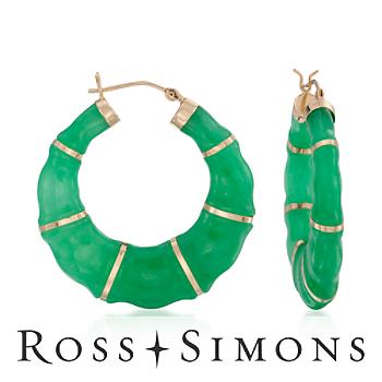 Green Jade Bamboo Hoops In 14kt Yellow Gold