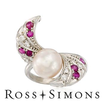 C. 1960 Vintage .55ct t.w. Multi-Gem, 8mm Cultured Pearl Ring In Gold vintage pearl jewelry