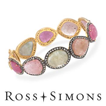65.00ct t.w. Multicolored Sapphire, 3.45ct t.w. Diamond Slice Bangle Bracelet In Two-Tone