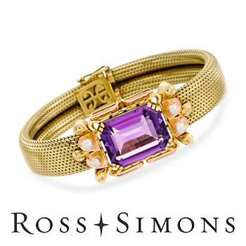 C. 1980 Vintage 18.95ct Amethyst Bracelet, Cultured Pearls In 14kt Green Gold. 7" Vintage Amethyst Bracelet