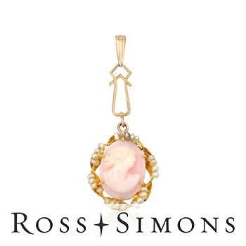 C. 1950 Vintage Agate, Pearl Cameo Pendant In 10kt, 14kt Yellow Gold