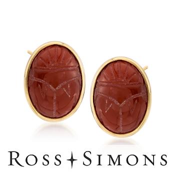 C. 1980 Vintage Carnelian Scarab Earrings In 14kt Yellow Gold