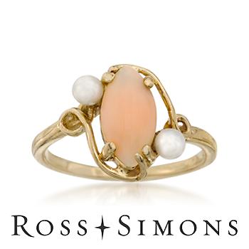 C. 1980 Vintage 3mm Pearl and Coral Ring In 14kt Yellow Gold. Size 7