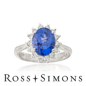 3.30ct Tanzanite, .50ct t.w. Diamond Ring In 14kt White Gold. Size 6