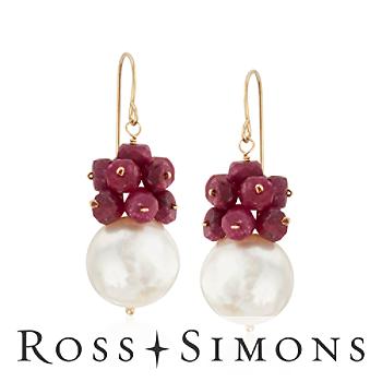 7.50 ct. t.w. Ruby and Pearl Drop Earrings In 14kt Yellow Gold