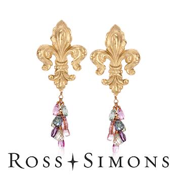 C.1980 Vintage Gold Fleur-De-Lis Earrings, Multicolored Glass