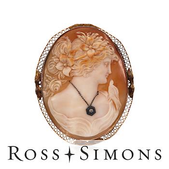 C. 1950 Vintage Shell Cameo Pin Pendant, Diamond In 14kt Yellow Gold