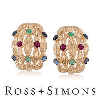 C. 1980 Vintage .75ct t.w. Multi-Gem Hoop Earrings In 14kt Yellow Gold