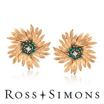C.1960 Vintage .10ct t.w. Diamond Floral Earrings, Faux Emeralds