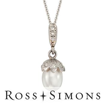 C. 1980 Vintage 7.5mm Pearl, .15ct t.w. Diamond Pendant Necklace. 16
