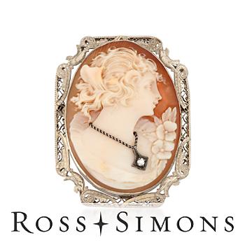 C.1950 Vintage Shell Cameo Pin Pendant With Diamond In 14kt White Gold