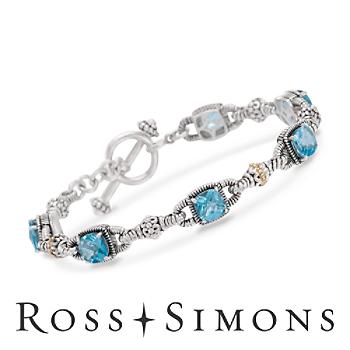 6.05ct t.w. Blue Topaz Bracelet In Silver, 14kt Yellow Gold. 7