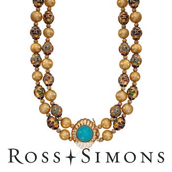 C. 1980 Vintage Cultured Pearl Necklace, Turquoise in Gold. 21" vintage turquoise jewelry