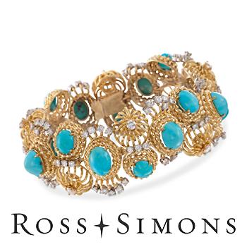 C. 1980 Vintage Turquoise, 6.25ct t.w. Diamond Bracelet. 7.5" vintage turquoise jewelry