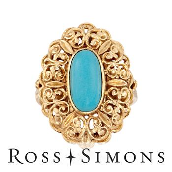 C. 1970 Vintage Cabochon Turquoise Scroll Ring in Gold. Size 7.25 vintage turquoise jewelry