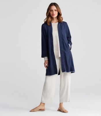 Shawl Collar Knee-Length Jacket in Tencel Organic Cotton Denim | EILEEN ...