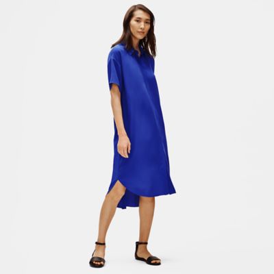 blue silk shirt dress