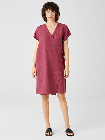 Washed Organic Linen Delave Wrap Dress
